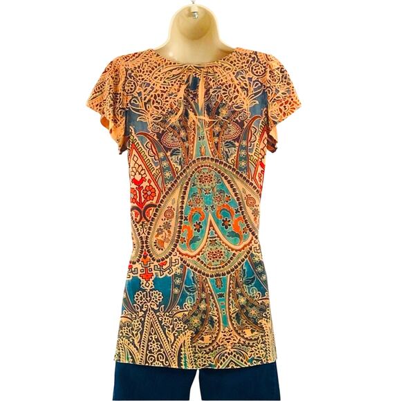 One World Flattering Multi Color Coral Paisley Pop Over Top V Neck Light Weight - Picture 2 of 16